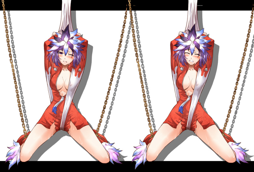 blush chains closed_eyes clothing feathers headdress kuzuryu_amane kuzuryuu_amane megami_ibunroku_devil_survivor purple_eyes purple_hair segami_daisuke