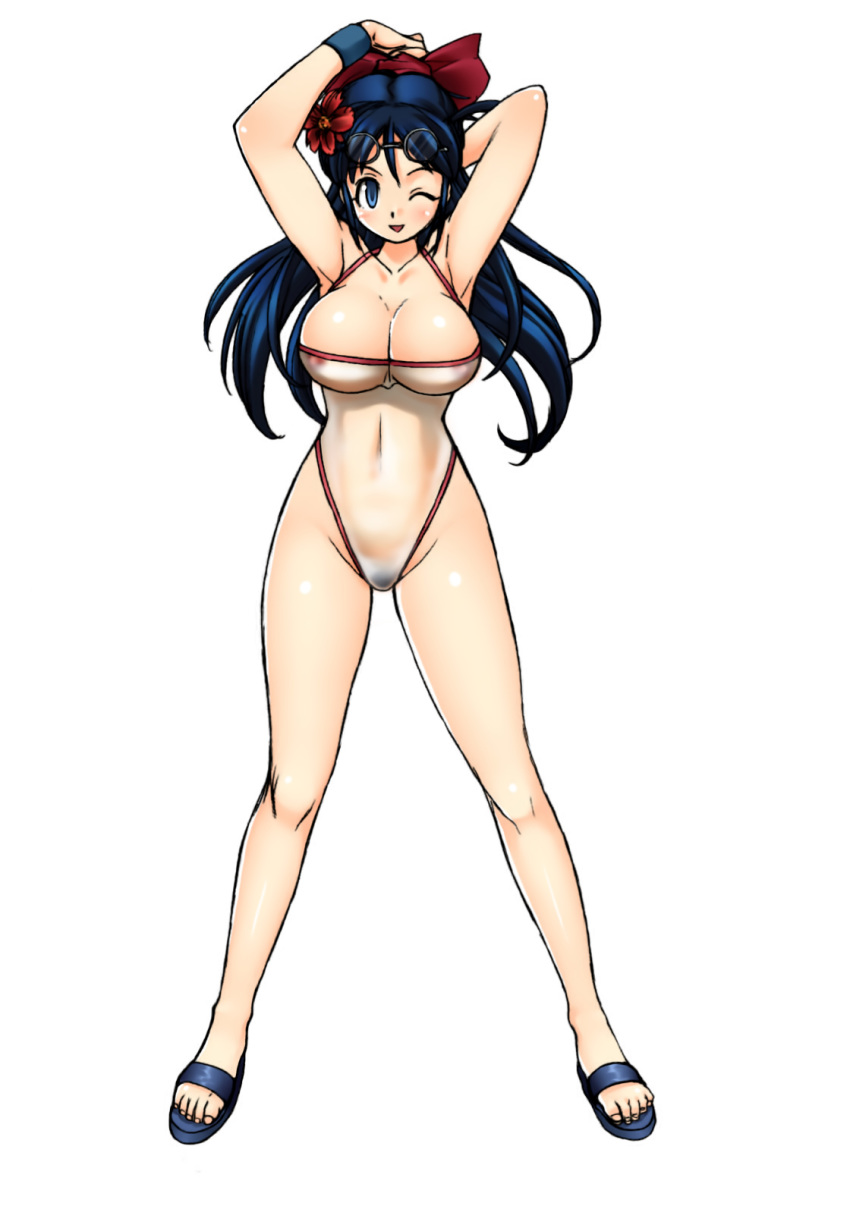 1girl 1girls 2010 adult adult_female aki_hinata arms_up big_breasts big_cleavage blank_background blue_eyes blue_hair blush breasts busty cleavage female female_focus female_only glasses glasses_on_head hair_ornament highres human human_female human_only keroro_gunsou large_breasts legs light-skinned_female light_skin long_hair looking_at_viewer matching_hair/eyes mature mature_female milf nipples one_piece_swimsuit pose pubic_hair sandals see-through simple_background smile solo solo_female solo_focus straight_hair swimsuit white_background wink winking_at_viewer