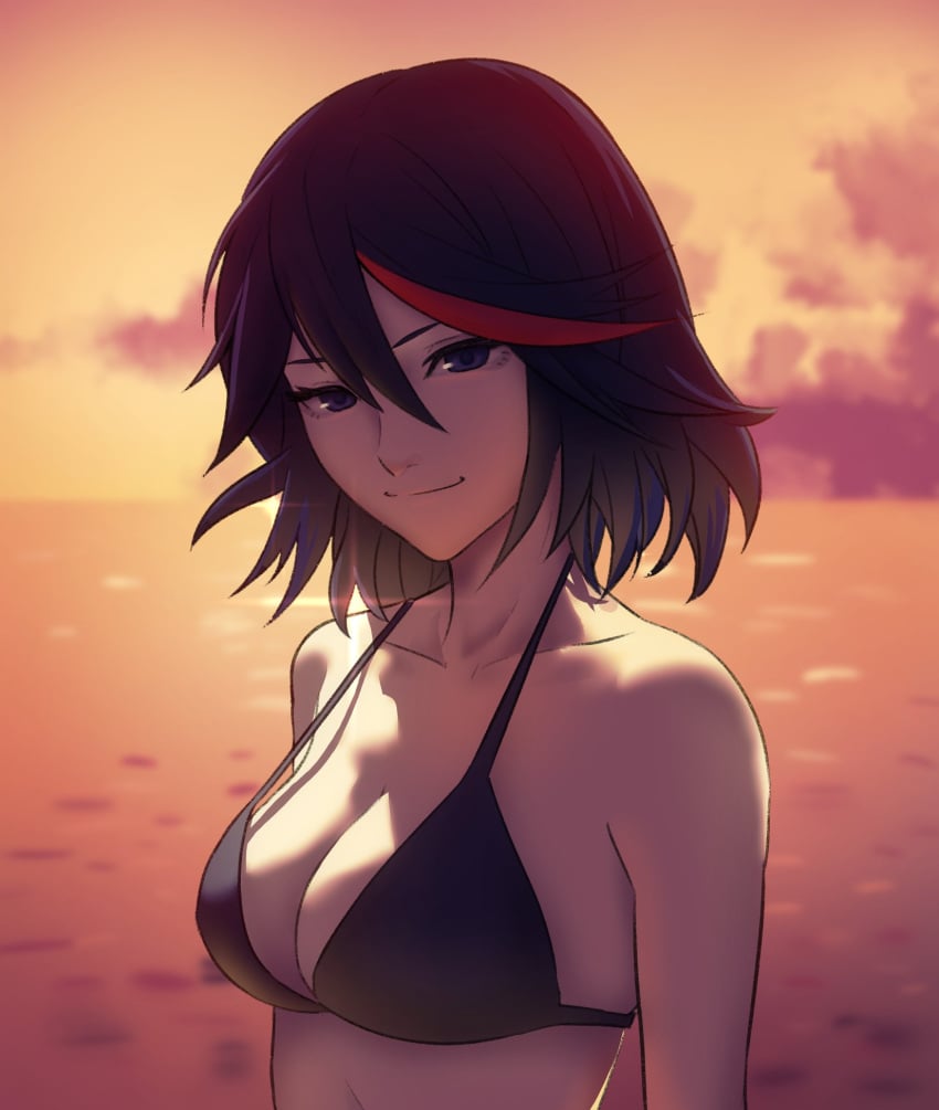 1girls bikini black_bikini black_hair black_swimsuit blue_eyes breasts cleavage collarbone female female_only hair_between_eyes highres kill_la_kill matoi_ryuuko medium_breasts multicolored_hair ocean pomelomelon short_hair smile solo sunset swimsuit tomboy upper_body