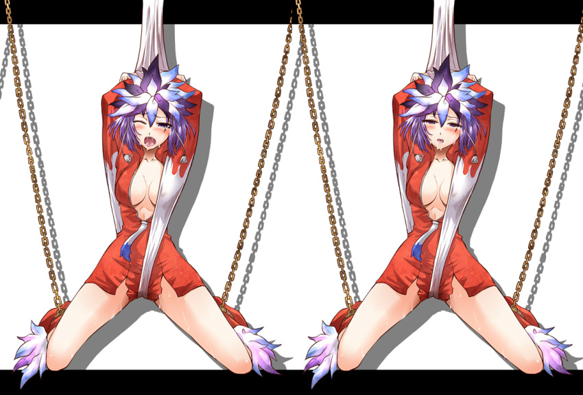 blush chains clothing empty_eyes feathers headdress kuzuryu_amane kuzuryuu_amane megami_ibunroku_devil_survivor purple_eyes purple_hair segami_daisuke tears