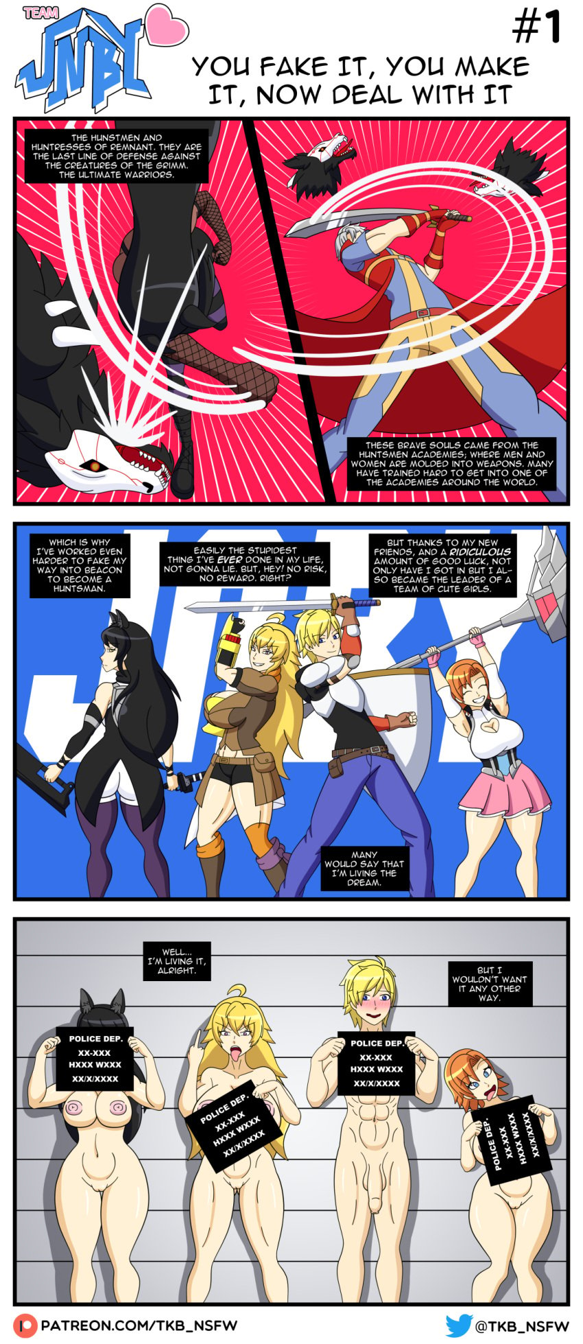 1boy 3girls action_pose beowolf_(rwby) big_breasts big_nipples big_penis black_hair blake_belladonna blonde_hair blue_eyes blush casual cat_ears catgirl clothed comic completely_nude completely_nude_female completely_nude_male crocea_mors ember_celica english_text faunus female foreskin gambol_shroud gauntlets ginger grimm_(rwby) hammer human jaune_arc lilac_eyes lineup long_hair looking_at_viewer magnhild_(rwby) male middle_finger monster mostly_nude multiple_girls muscular muscular_female muscular_male naked nora_valkyrie original_character pale_skin public pussy red_hair rwby shield short_hair shortstack smaller_female sword taller_male team_jnby text text_bubble thick_thighs tkb_nsfw tongue_out uncircumcised uncut wide_hips yang_xiao_long yellow_eyes