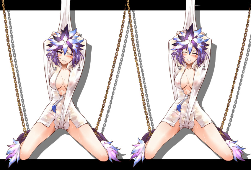 alternate_costume blush chains closed_eyes clothing feathers headdress kuzuryu_amane kuzuryuu_amane megami_ibunroku_devil_survivor purple_eyes purple_hair segami_daisuke