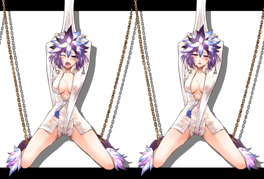 alternate_costume arms_up blush bondage chains clothing empty_eyes feathers headdress kuzuryu_amane kuzuryuu_amane megami_ibunroku_devil_survivor purple_eyes purple_hair segami_daisuke tears