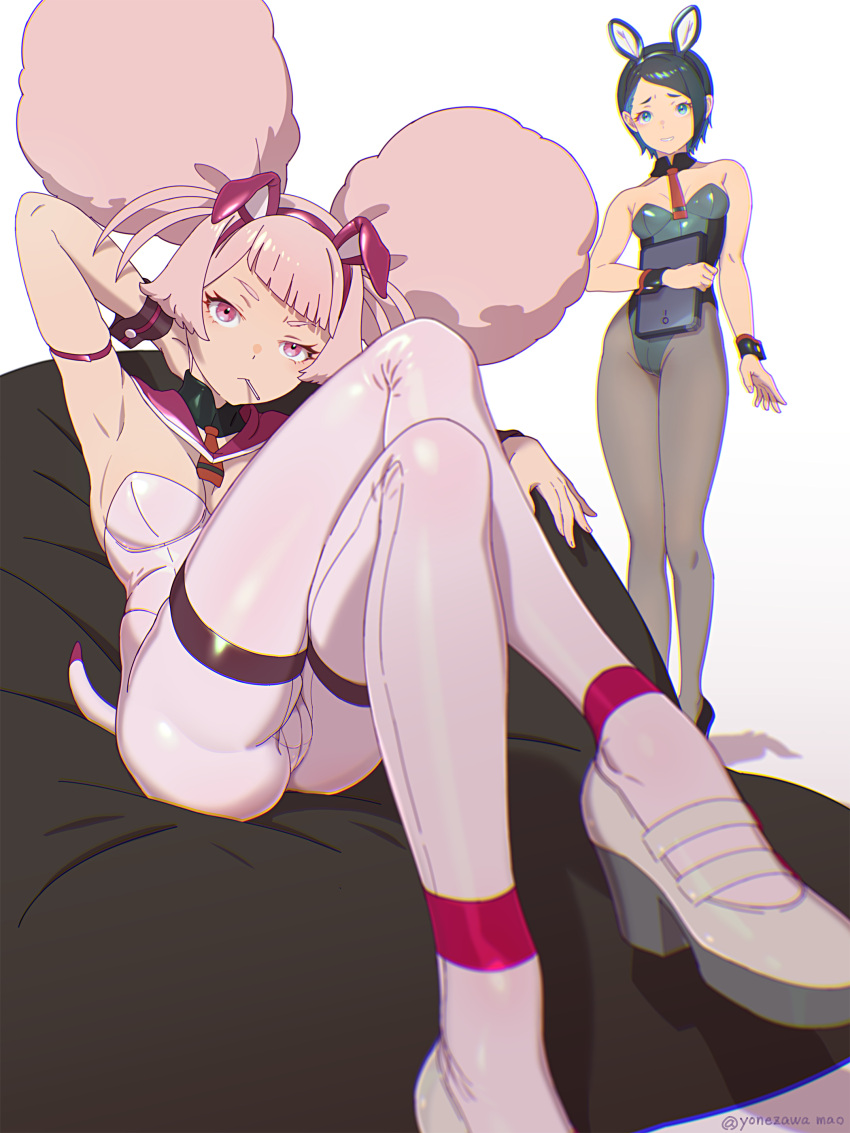 2girls absurdres animal_ears arm_behind_head armpits ass bare_shoulders black_hair black_pantyhose blue_eyes breasts candy chuatury_panlunch cleavage crossed_legs detached_collar diagonal_bangs double_bun fake_animal_ears food grin gundam gundam_suisei_no_majo hair_bun high_heels highres large_breasts leotard lollipop looking_at_viewer multiple_girls necktie nika_nanaura pantyhose pink_eyes pink_hair playboy_bunny rabbit_ears sailor_collar short_hair simple_background sitting smile tail white_background white_footwear wire yonezawa_mao