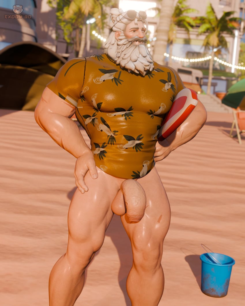 1boy balls bara barazoku beach big_balls big_penis bottomless bottomless_male light-skinned_male light_skin male male_only muscular muscular_male overwatch overwatch_2 penis reinhardt solo solo_male txddy3d