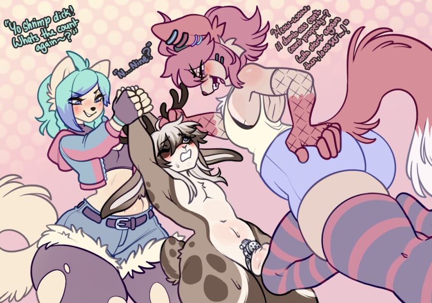 2024 abstract_background anthro antler_grab antlers arms_above_head armwear aster_faye ballbusting blue_hair blush bottomwear bullying canid canine canis chastity_cage chastity_cage_only chastity_device chastity_device_only clenched_teeth clothed clothed/nude clothed_anthro clothed_female clothing cock_and_ball_torture domestic_cat domestic_dog dominant dominant_female ear_piercing ear_ring ears_down elbow_gloves english_text eyebrows felid feline felis female femdom fingerless_gloves fishnet_armwear fishnet_clothing fishnet_elbow_gloves fishnet_gloves fishnet_handwear genital_torture gloves group hair hand_on_hip handwear hi_res horn jackalope knee_kick lagomorph legwear male male/female mammal minty_(kurus) narrowed_eyes navel nude nude_anthro nude_male piercing pivoted_ears portrait raised_inner_eyebrows ring_piercing shiori_(kurus) shorts smile submissive submissive_male tail teeth text thigh_highs three-quarter_portrait torn_clothing trio xstupid_furryx