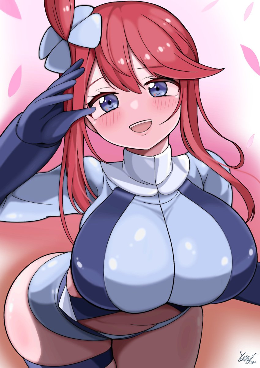 big_breasts blue_eyes breasts domidori female female_focus female_only large_breasts nintendo pokemon pokemon_bw red_hair skyla_(pokemon) thick_thighs thighs