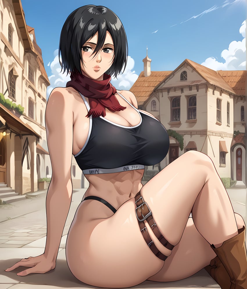 ai_generated ass attack_on_titan bangs big_ass big_breasts big_butt black_bra black_eyes black_hair black_sports_bra black_thong blue_sky bob_cut boots bra brown_boots bubble_ass bubble_butt clouds female female_only hips huge_ass huge_butt large_ass large_breasts large_butt large_thighs light-skinned_female light_skin long_legs long_pants looking_at_viewer mikasa_ackerman narrow_waist no_pants no_skirt red_scarf retair18 scarf shingeki_no_kyojin short_hair short_jacket solo solo_female solo_focus sports_bra straps sunny symbol thick_ass thick_legs thick_thighs thigh_strap thong toned toned_body toned_female village white_shirt wide_butt wide_hips