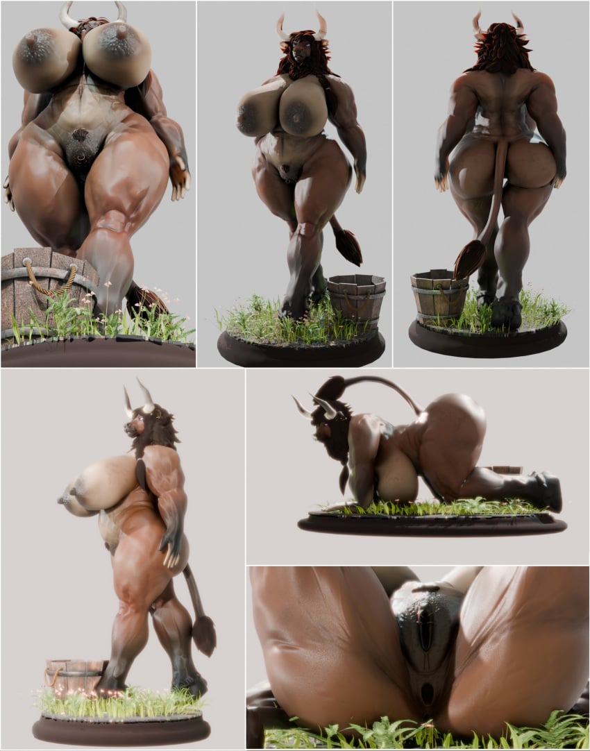 3d_(artwork) anthro ass big_breasts big_butt bovid bovine braided_hair breasts clitoris clitoris_piercing digital_media_(artwork) ear_piercing european_mythology facial_piercing female genital_piercing genitals greek_mythology hair hi_res hooves horn huge_breasts huge_butt huge_hips keeltheequine kneeling mammal minotaur muscular muscular_female mythology nose_piercing nude piercing pussy pussy_piercing septum_piercing solo tail walking wide_hips