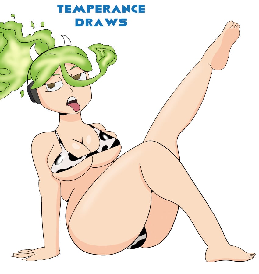 bikini breasts cow_print cow_print_bikini fake_cow_horns flame_hair green_hair headphones implied_mind_control leg_up open_mouth sitting solo solo_female solo_focus temperancedraws tongue tongue_out ugly_female white_background