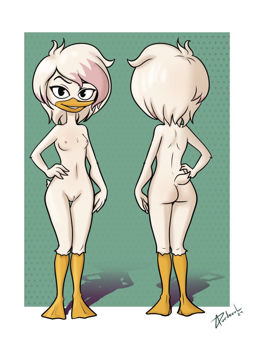 2020s 2024 21st_century artist_signature back_view commission duck_girl ducktales ducktales_(2017) durdevul front_view green_background hand_on_hip highres jpeg lena_de_spell non-mammal_breasts non-mammal_nipples nude nude_female polka_dot_background two_tone_hair white_background