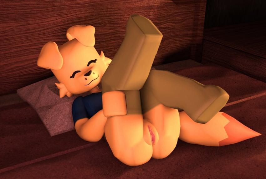 1girls 2024 3d ass blue_shirt canine dog_ears doors_(roblox) female_only furry furry_ears furry_only furry_tail green_legwear head_tuft holding_leg laying_on_bed legs_together legs_up lsplashgames on_bed presenting presenting_pussy pussy roblox roblox_rthro robloxian solo solo_focus tpaktop woofette yellow_body yellow_fur