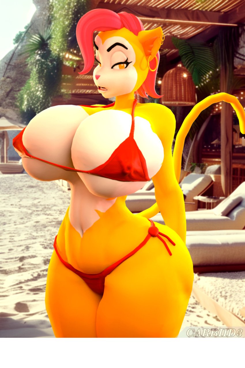 3d 3d_(artwork) anthro big_breasts bikini carbiid3 feline female female_only huge_breasts large_breasts looking_at_viewer monique_pussycat pink_hair super_fuck_friends wide_hips yellow_fur