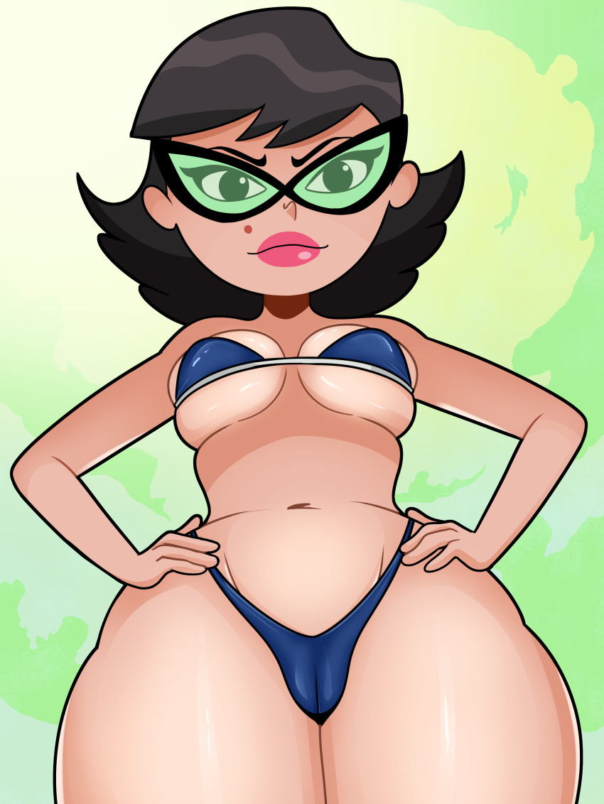 1girls bikini bikini_bottom bikini_top black_hair blue_bikini bottomwear breasts cat_eye_glasses eleanor_butterbean eyewear female female_only glasses hair hands_on_hips hips lips lipstick looking_at_viewer mature mature_female mature_woman medium_breasts mole mole_under_eye pink_lips pink_lipstick solo solo_female sonson-sensei swimwear the_grim_adventures_of_billy_and_mandy thick_thighs thighs tinted_eyewear topwear