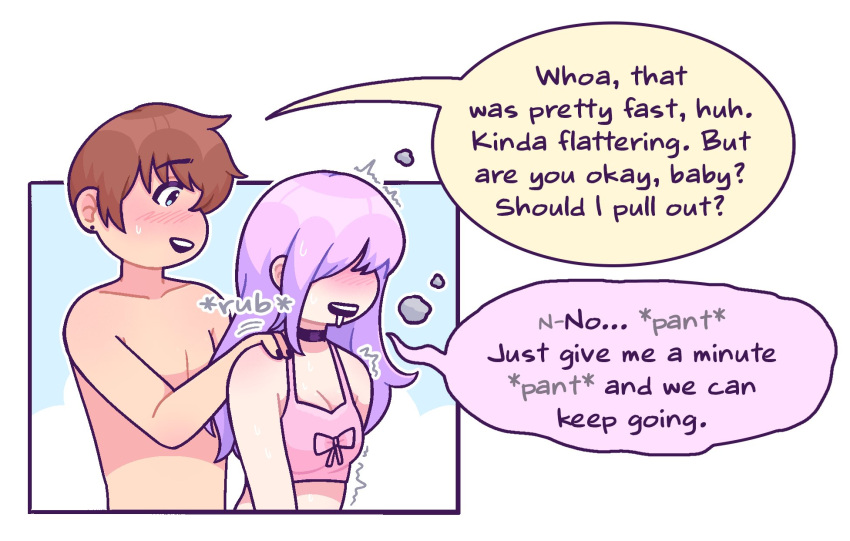 1boy 1girls after_anal blush bow bra brown_hair choker drooling earrings english_text female flushed fringe futanari hair_over_eyes hand_on_shoulder implied_sex lavender_hair leo_(welcome_to_heaven) lila_(welcome_to_heaven) long_hair male nude panting pink_hair purple_hair rubbing short_hair shoulder_grab simple_background speech_bubble straight text topless trembling welcome_to_heaven