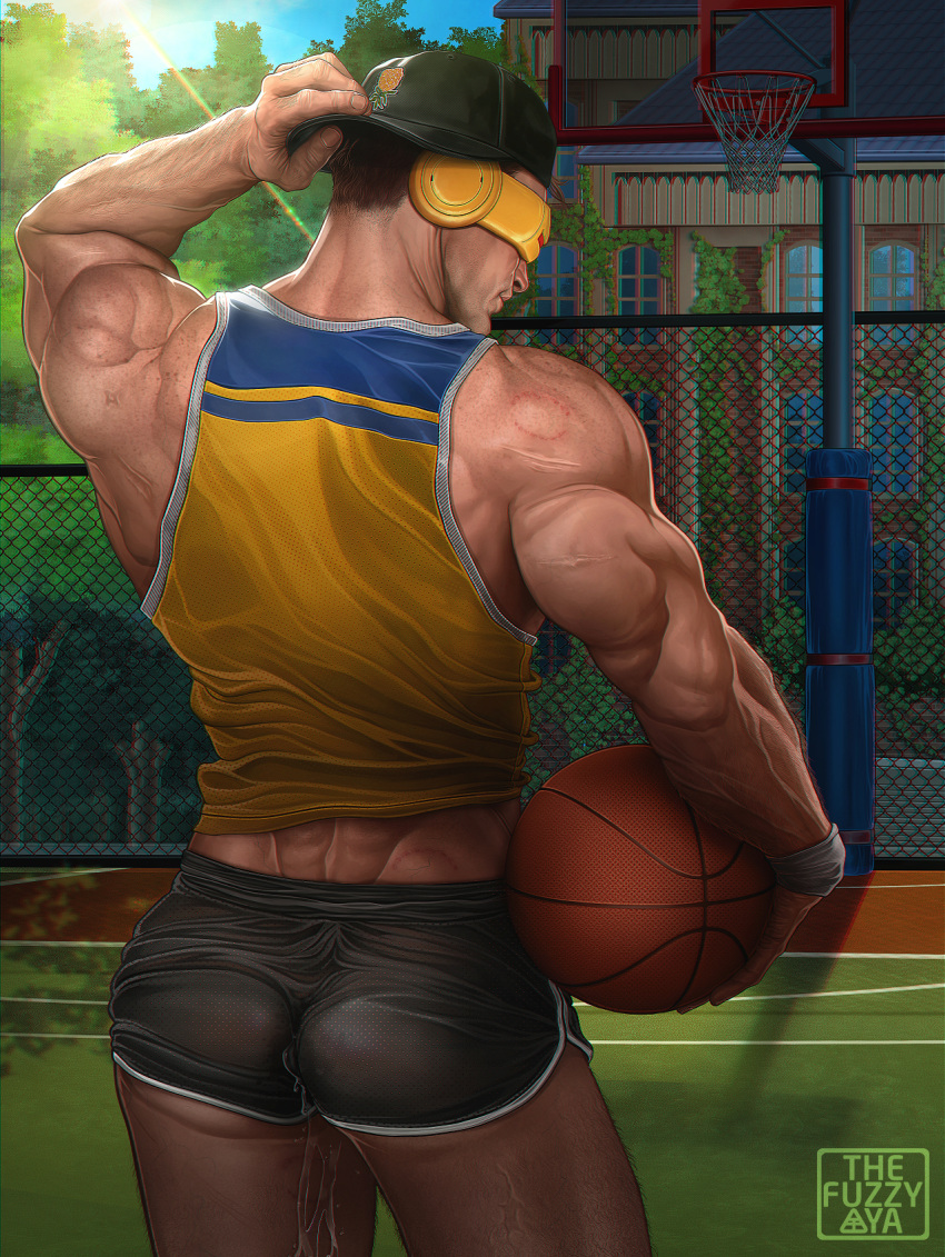 ass ass_focus backwards_baseball_cap backwards_cap bara basketball_(ball) biceps big_ass bite_mark_on_shoulder bite_mark_on_thigh bite_marks cum_dripping_from_ass cum_inside cyclops_(x-men) gay male_only marvel muscular_male offering_to_viewer scott_summers short_shorts sleeveless_shirt thefuzzyaya x-men x-men_97