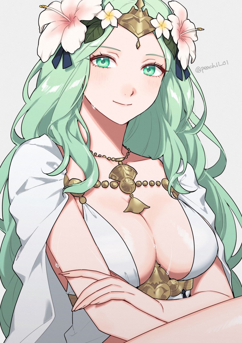 1girls alternate_costume bikini blush breasts cape cleavage female female female_only fire_emblem fire_emblem:_three_houses fire_emblem_heroes flower green_eyes green_hair grey_background hair_flower hair_ornament highres large_breasts long_hair looking_at_viewer nintendo official_alternate_costume peach11_01 rhea_(fire_emblem) rhea_(summer)_(fire_emblem) simple_background smile solo swimsuit thighs upper_body very_long_hair white_bikini white_cape white_flower white_swimsuit