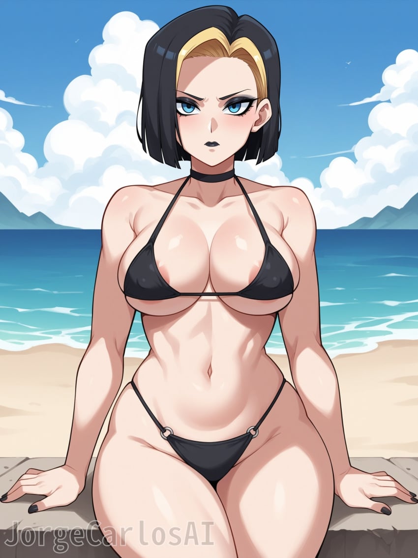 1girls ai_generated android android_18 android_girl areola areola_slip areolae areolae_slip beach big_breasts bikini black_bikini black_hair black_lipstick black_makeup blonde_hair blue_eyes breasts cleavage closed_mouth covered_nipples dark_makeup dragon_ball dragon_ball_(classic) dragon_ball_fighterz dragon_ball_gt dragon_ball_heroes dragon_ball_super dragon_ball_super_super_hero dragon_ball_xenoverse dragon_ball_z expressionless female female_focus female_only goth goth_girl gothic gothified jorgecarlosai lipstick makeup mature mature_female mature_woman mountain navel nipples pale_skin short_hair sitting sky thong thong_bikini toned water watermark