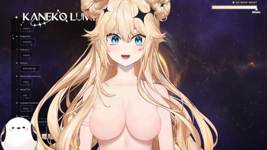 1girls bird blonde blonde_hair blue_eyes chat chat_box chat_log emote english_text fangs featureless_breasts female female_focus kaneko_lumi light-skinned_female light_skin livestream looking_at_viewer naked naked_female nude nude_female open_mouth phase_connect screenshot solo source_request space space_background streamers streaming teeth text tongue topless virtual_youtuber vtuber white_text yellow_text