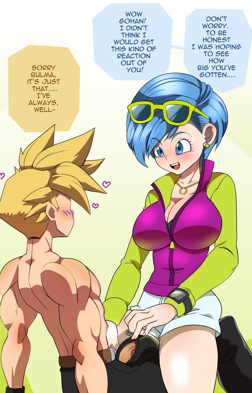 blonde_hair blue_eyes blue_hair blush bulma_(dbs_broly) bulma_briefs chesterzee chuckzee21 dragon_ball dragon_ball_super dragon_ball_super_broly dragon_ball_z mature_female milf muscular muscular_male older_female older_woman_and_younger_boy shorter_male smaller_male son_gohan son_gohan_(young) teasing younger_male