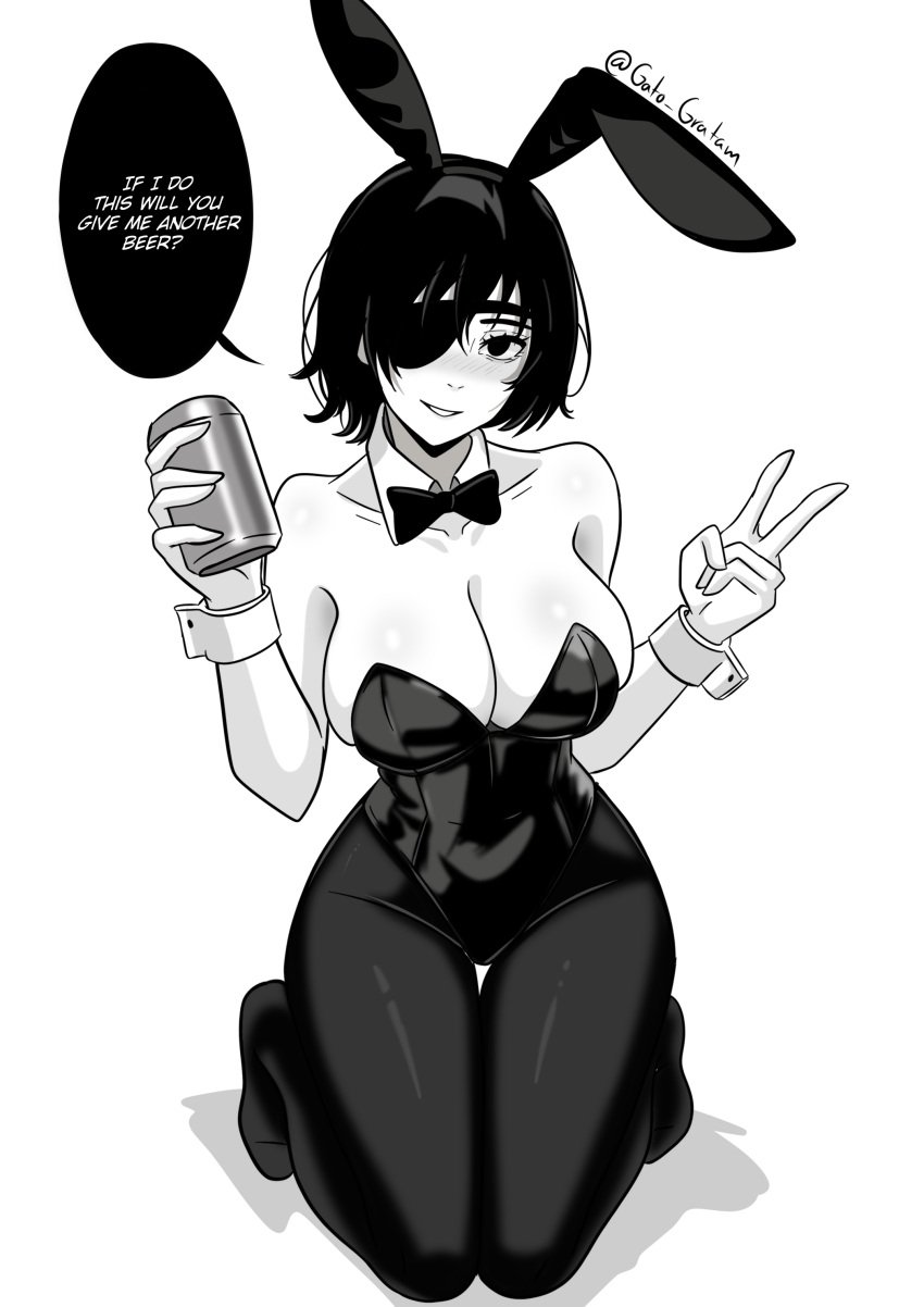 beer big_breasts bunny_ears bunnysuit chainsaw_man cleavage cute dialogue female female_only gato_gratam himeno_(chainsaw_man) kneeling pantyhose peace_sign smile talking_to_viewer thick_thighs