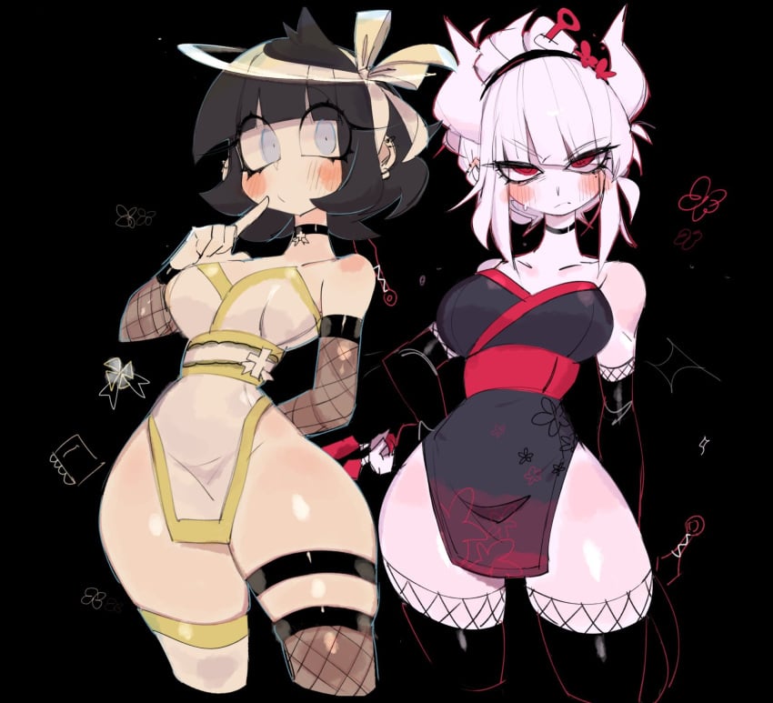 2024 2d 2d_(artwork) 2girls ass azazel_(helltaker) bangs big_ass big_breasts big_butt black_hair blue_eyes blush blushing_at_viewer breasts choker cleavage clothed clothed_female clothing color colored cross curvaceous curvy curvy_body curvy_female curvy_figure demon demon_girl ear_piercing elbow_gloves eyebrows eyebrows_visible_through_hair fantasy female female_focus female_only fishnet_armwear fishnet_legwear fishnet_stockings fishnet_thighhighs fishnets full_color gonzalo_costa hair halo headgear helltaker hips horns huge_butt kunoichi kunoichi_dress large_ass large_breasts large_butt light-skinned_female light_skin looking_at_viewer lucifer_(helltaker) multiple_girls red_eyes seductive short_hair solo solo_female solo_focus stockings thick_thighs thighhighs thighs usa37107692 video_game video_game_character voluptuous voluptuous_female white_hair wide_hips