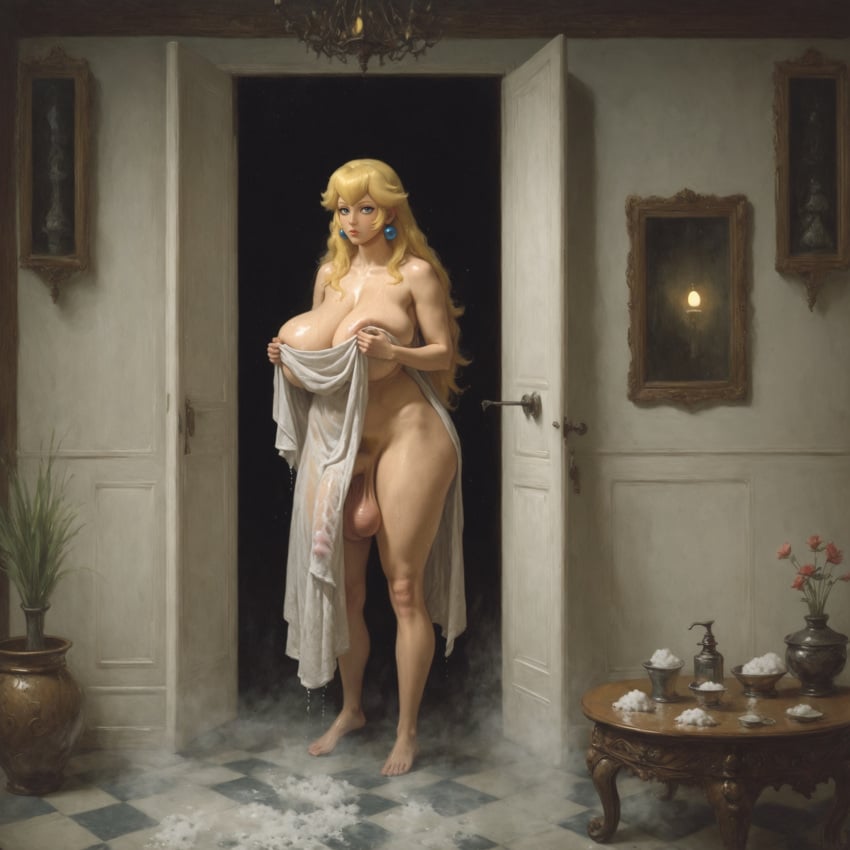 1futa ai_generated bathhouse bobskips flaccid fully_nude futa_only futanari holding_breast holding_towel huge_ass huge_balls huge_breasts huge_cock huge_testicles looking_at_viewer mario_(series) partially_covered_penis penis_to_the_knees penis_visible_through_clothing princess_peach pubic_hair sagging_breasts stable_diffusion towel towel_over_breasts veiny_penis wet wet_body wet_hair wide_hips