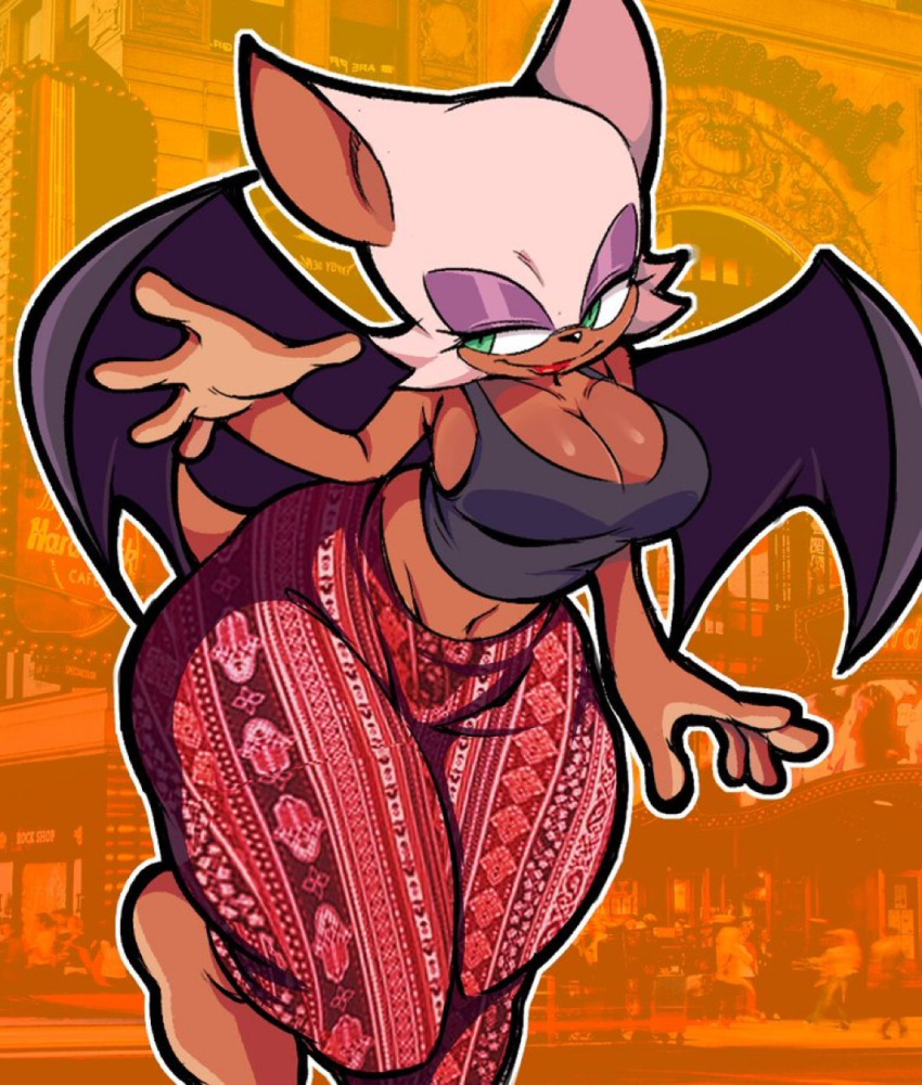 barefoot big_breasts crop_top ebony fat_ass fat_thighs flare_pants forbidden_pants large_ass rouge_the_bat skull_crushing_thighs sonic_(series) wings