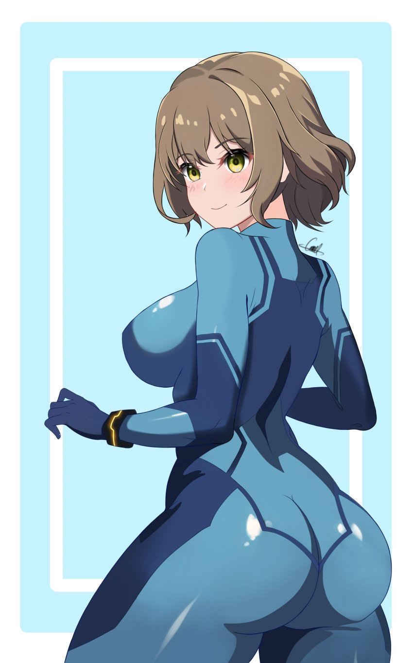 anis_(nikke) ass blue_bodysuit blush bodysuit breasts brown_hair closed_mouth dat_ass female goddess_of_victory:_nikke huge_ass large_ass large_breasts lgc_cat looking_at_viewer metroid nintendo samus_aran samus_aran_(cosplay) short_hair sideboob skin_tight smile solo tagme thick_thighs tight_clothing yellow_eyes zero_suit