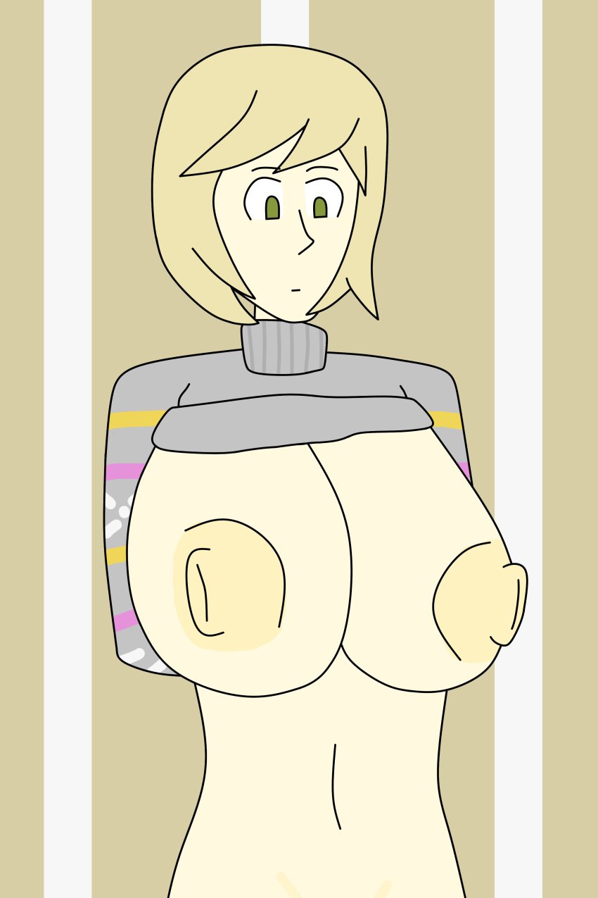 android blonde_hair blonde_hair breasts breasts_out crash2262 emotionless expressionless green_eyes hands_behind_back large_breasts lifted_shirt nipples robot robot_girl short_hair sweater tagme tara_(i_feel_fantastic) tara_the_android