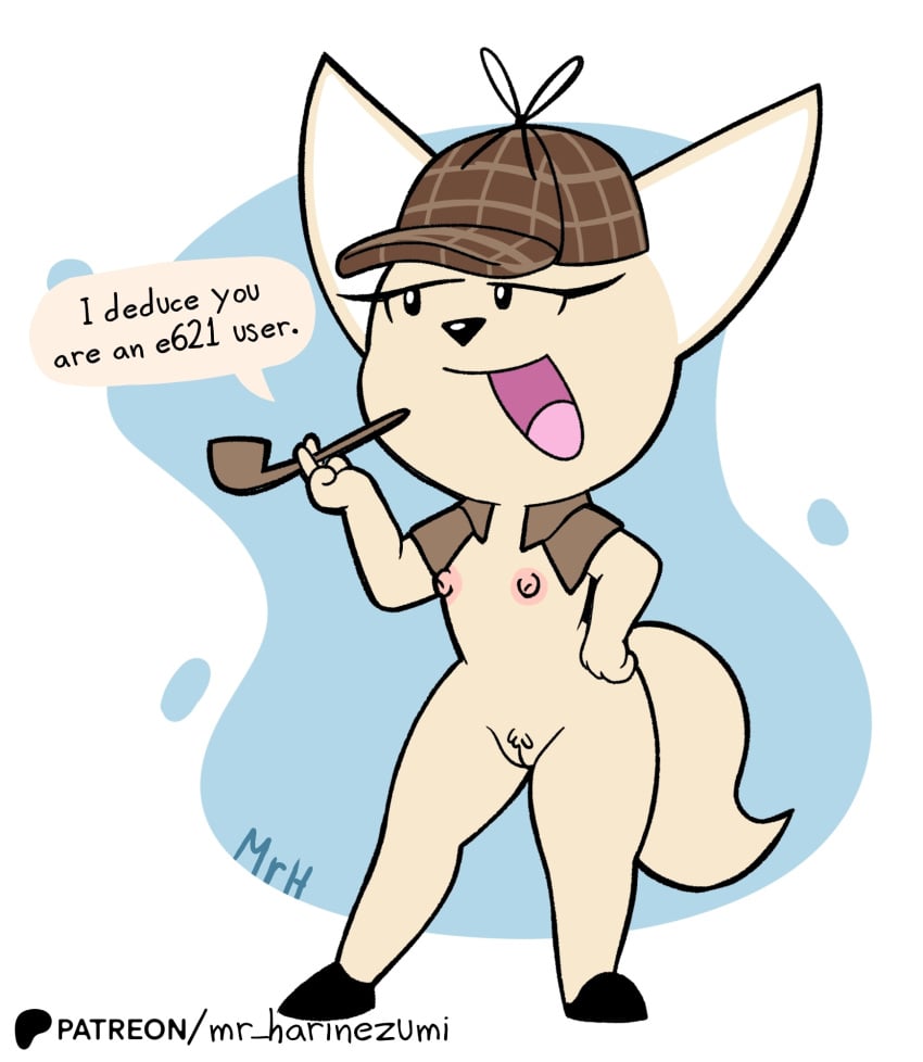 2024 aggressive_retsuko aggretsuko black_clothing black_eyes black_footwear black_nose black_shoes bottomwear breasts canid canine clothing colored detective detective_hat e621 el_senor_erizo english_text eyelashes female fennec_fox fenneko footwear fox fur genitals hi_res looking_at_viewer mammal mr_harinezumi nipples no_humans nude nude_female open_mouth open_smile patreon patreon_logo pink_nipples pipe pubes pussy sanrio simple_background skirt smile solo spanish_description speech_bubble tan_body tan_fur text tongue true_fox white_body white_fur