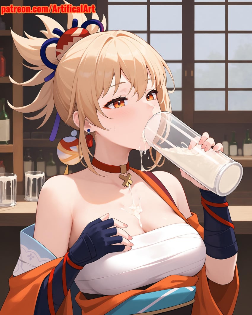 1girls ai_generated artifical_art blonde_female blonde_hair blush cum cum_in_mouth dripping_cum dripping_semen genshin_impact girl hair_ornament medium_hair orange_eyes perfect_body red_choker semen semen_in_mouth yoimiya_(genshin_impact)