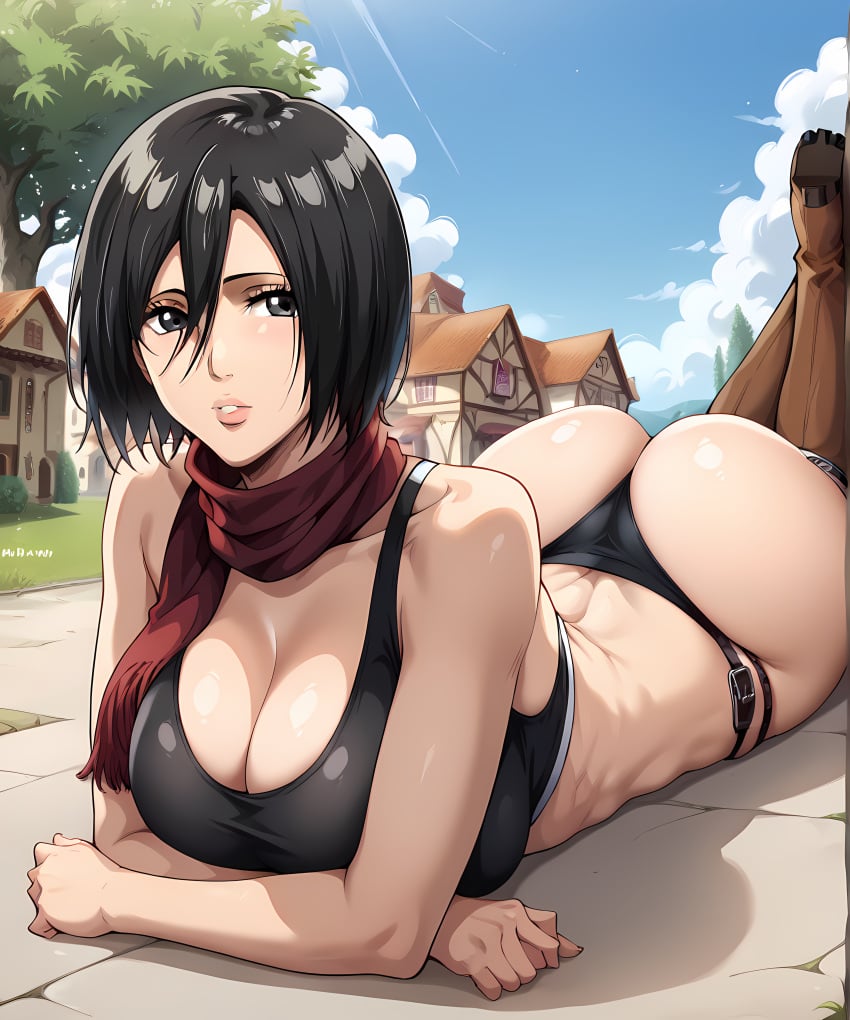 ai_generated ass attack_on_titan bangs big_ass big_breasts big_butt black_bra black_eyes black_hair black_sports_bra black_thong blue_sky bob_cut boots bra brown_boots bubble_ass bubble_butt clouds female female_only hips huge_ass huge_butt large_ass large_breasts large_butt large_thighs light-skinned_female light_skin long_legs long_pants looking_at_viewer mikasa_ackerman narrow_waist no_pants no_skirt red_scarf retair18 scarf shingeki_no_kyojin short_hair short_jacket solo solo_female solo_focus sports_bra straps sunny symbol thick_ass thick_legs thick_thighs thigh_strap thong toned toned_body toned_female village white_shirt wide_butt wide_hips