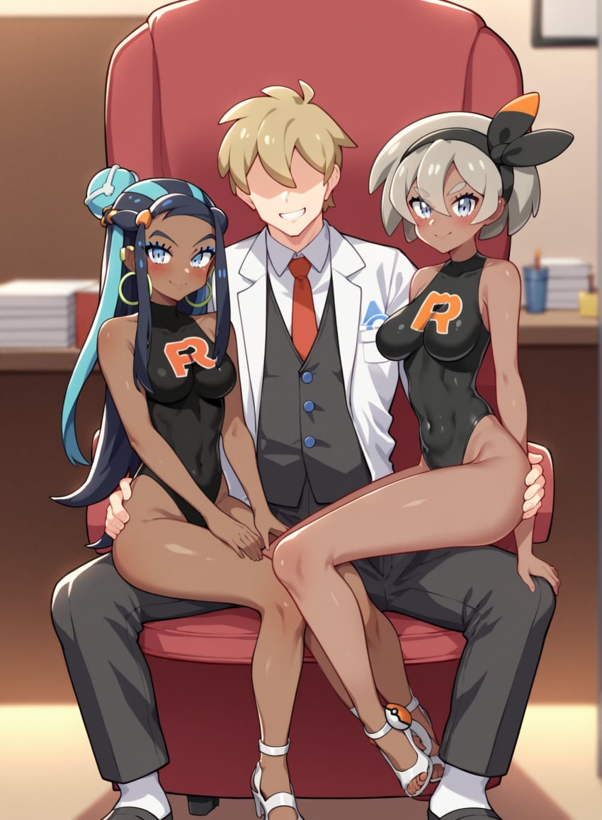 1boy 2girls ai_generated bare_shoulders bea_(pokemon) blonde_hair blue_eyes blue_hair blush brainwashing breasts change_in_common_sense corruption covered_navel dark-skinned_female dark_skin earrings faceless_male female grey_hair gym_leader hair_ribbon hand_on_another&#039;s_ass hand_on_butt heels human lab_coat leotard long_hair looking_at_viewer male mind_control multicolored_hair multiple_girls nessa_(pokemon) notreallyhere office pimp pokemon pokemon_ss short_hair sitting sitting_on_lap sitting_on_person smile team_rocket team_rocket_uniform tie