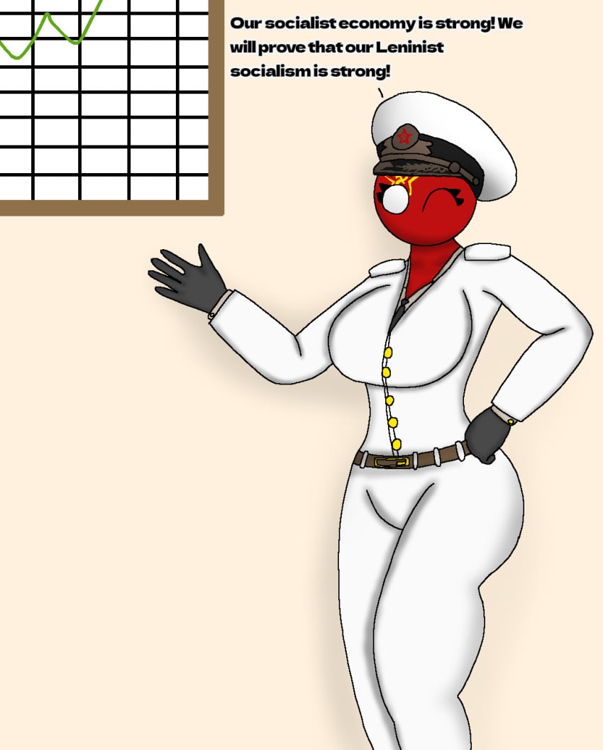 1girls ass belt big_ass breasts countryhumans countryhumans_girl english english_dialogue english_language english_text female female_only first_porn_of_character gloves graph hammer_and_sickle hand_on_hip looking_at_viewer military_hat military_uniform sablinist_russia_(the_new_order) seregamecta text the_new_order toony wink winking winking_at_viewer