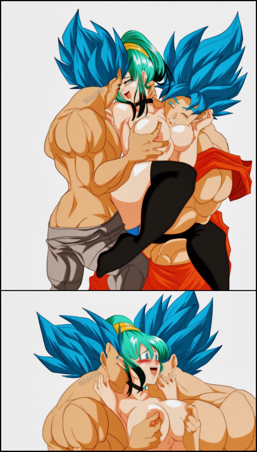 anal anal_sex areola areolae bisexual bisexual_male black_highlights blue_eyes blue_hair bulchi comic dilf double_penetration dragon_ball dragon_ball_super dragon_ball_z fusion fusion_character green_hair groping_breasts husband metamoran_clothing milf muscular muscular_male nala1588 nipple_pinch nipples pinching_nipples son_goku super_saiyan_blue twitter_username two_panel_image vaginal_penetration vaginal_sex vegeta watermark white_background wife