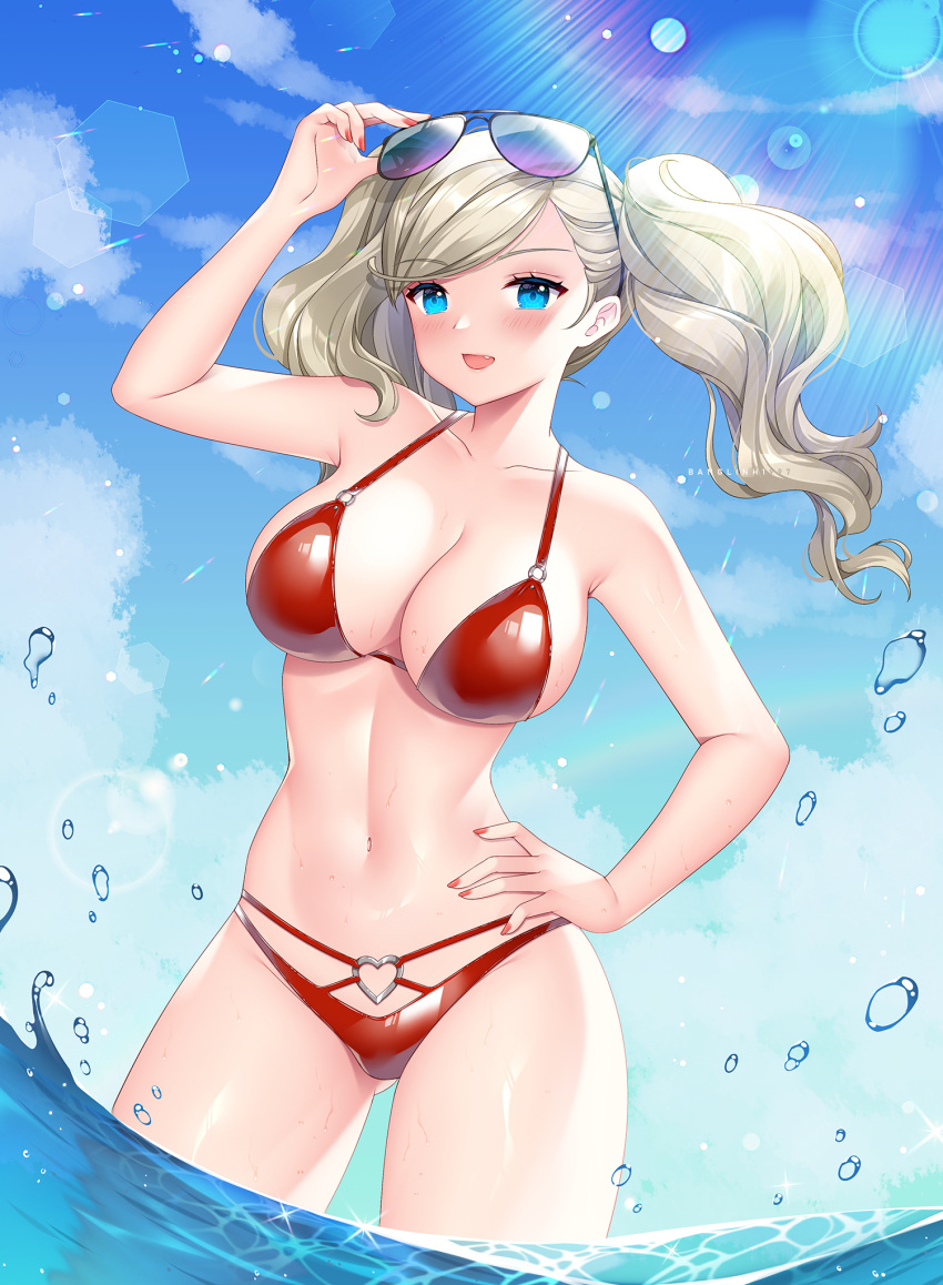 1girls ann_takamaki banglinh1997 beach bikini blonde_hair blue_eyes breasts clouds hand_on_hip heart_ring in_water large_breasts looking_at_viewer midriff navel ocean outside painted_fingernails persona persona_5 red_bikini red_swimsuit sky sunglasses sunglasses_on_head swimsuit twintails water