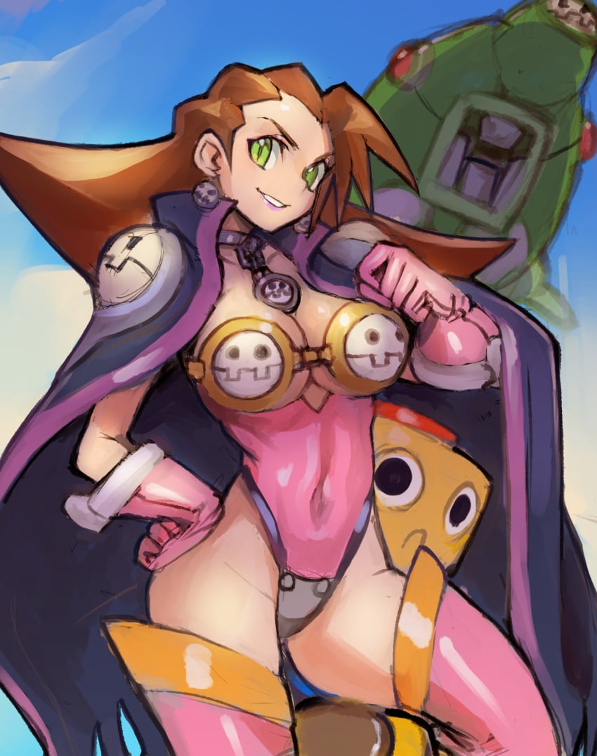 1girls breasts brown_hair cape choker crotch_plate dakusuta earrings gloves green_eyes leotard looking_at_viewer medium_breasts mega_man mega_man_legends outside pink_leotard servbot short_hair sky thighhighs tron_bonne