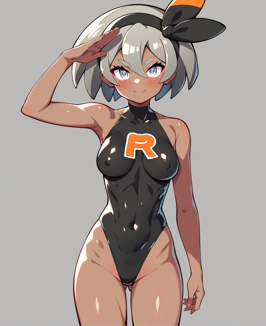 1girls ai_generated bare_arms bare_shoulders bea_(pokemon) blush brainwashing breasts common_sense_change corruption covered_nipples cowboy_shot dark-skinned_female dark_skin enemy_conversion female gluteal_fold green_eyes grey_hair headband leotard looking_at_viewer mind_control navel nipples_visible_through_clothing notreallyhere pokemon pokemon_ss salute short_hair simple_background smile solo standing team_rocket team_rocket_uniform thigh_gap