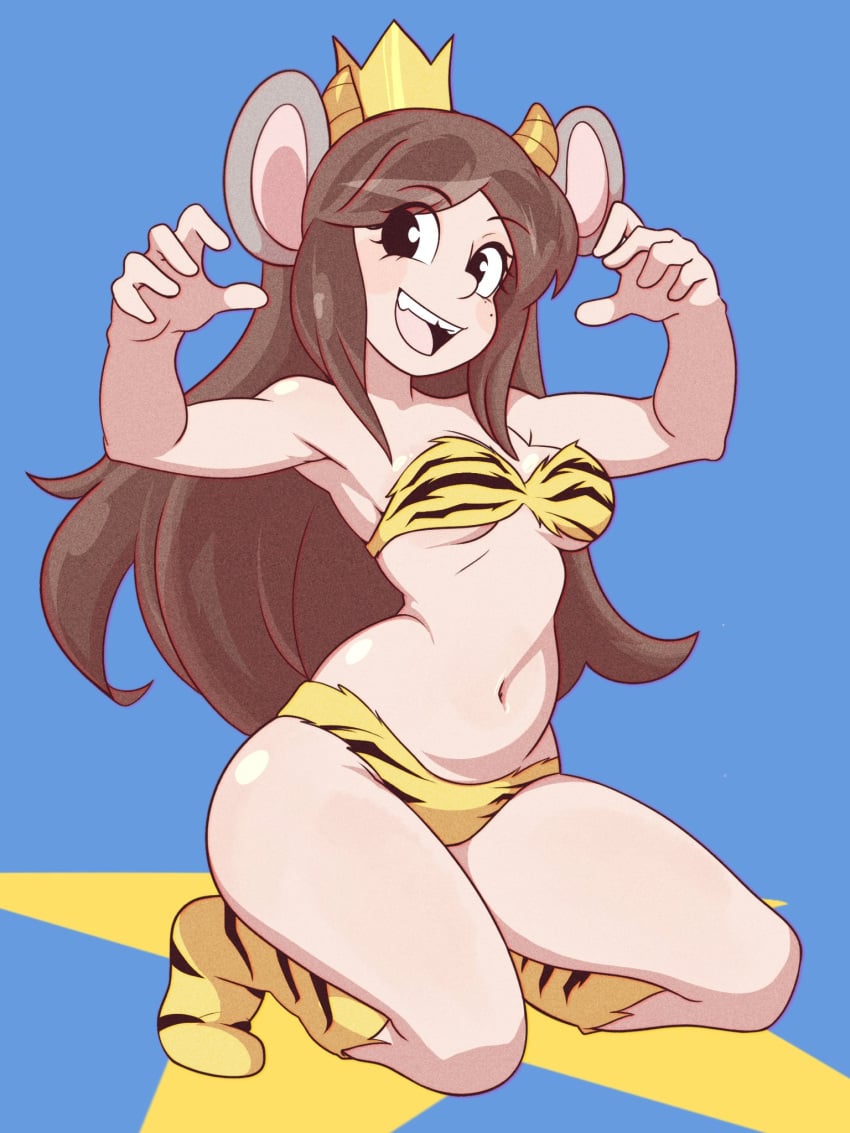 1girls belly_button brown_hair colombian colombian_female cosplay crown cukizilla cukizilla_(pd) headgear headwear horns kohiitiimo light-skinned_female light_skin long_hair lum lum_(cosplay) missing_tooth mouse_ears perfectos_desconocidos small_breasts solo urusei_yatsura youtube youtube_hispanic