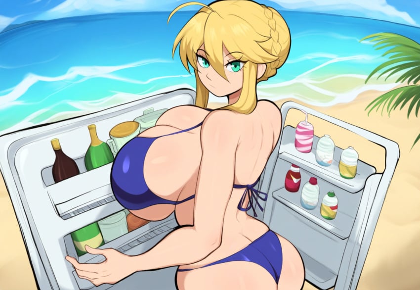 1girls ai_generated artoria_pendragon artoria_pendragon_(lancer) bikini blonde_hair blue_bikini curvaceous dat_ass fate_(series) female fridge huge_ass huge_breasts mullon novelai solo summer voluptuous voluptuous_female