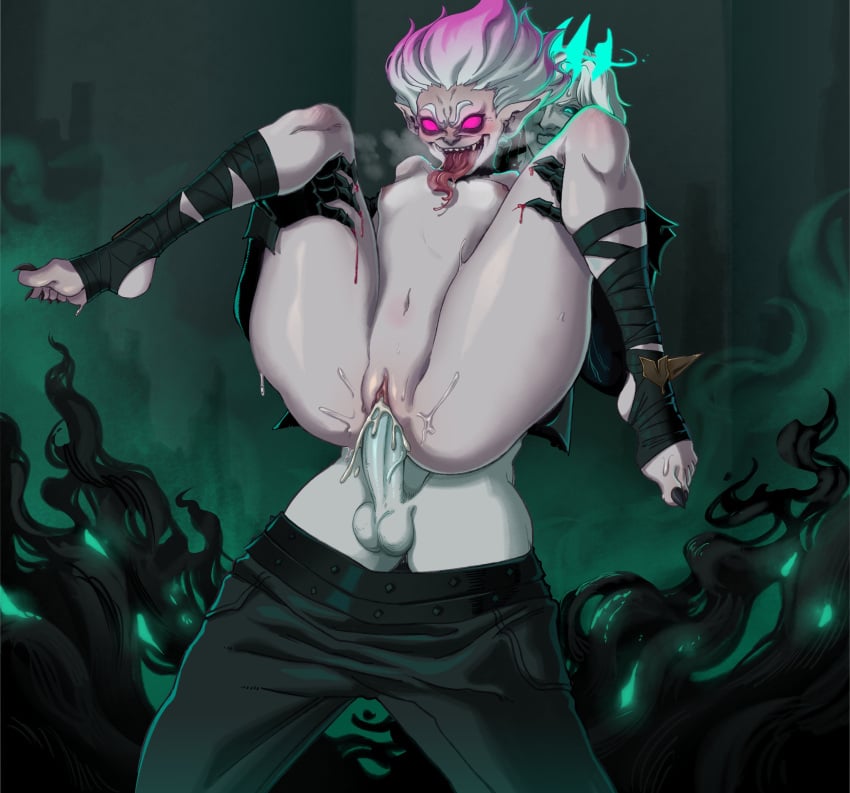 1boy 1girls absurd_res ahe_gao areolae balls black_sclera blood briar_(league_of_legends) creepy_smile cum cum_in_pussy cum_inside empty_eyes female glowing_eyes green_eyes league_of_legends long_tongue male nipples nude nude_female open_mouth pale-skinned_female pale-skinned_male pale_skin pants_down penetration penis pepprnsalt pink_eyes pink_hair pointy_ears pussy reverse_suspended_congress riot_games sex sharp_toenails small_breasts thick_thighs tongue_out two_tone_hair vaginal_penetration viego_(league_of_legends) white_hair