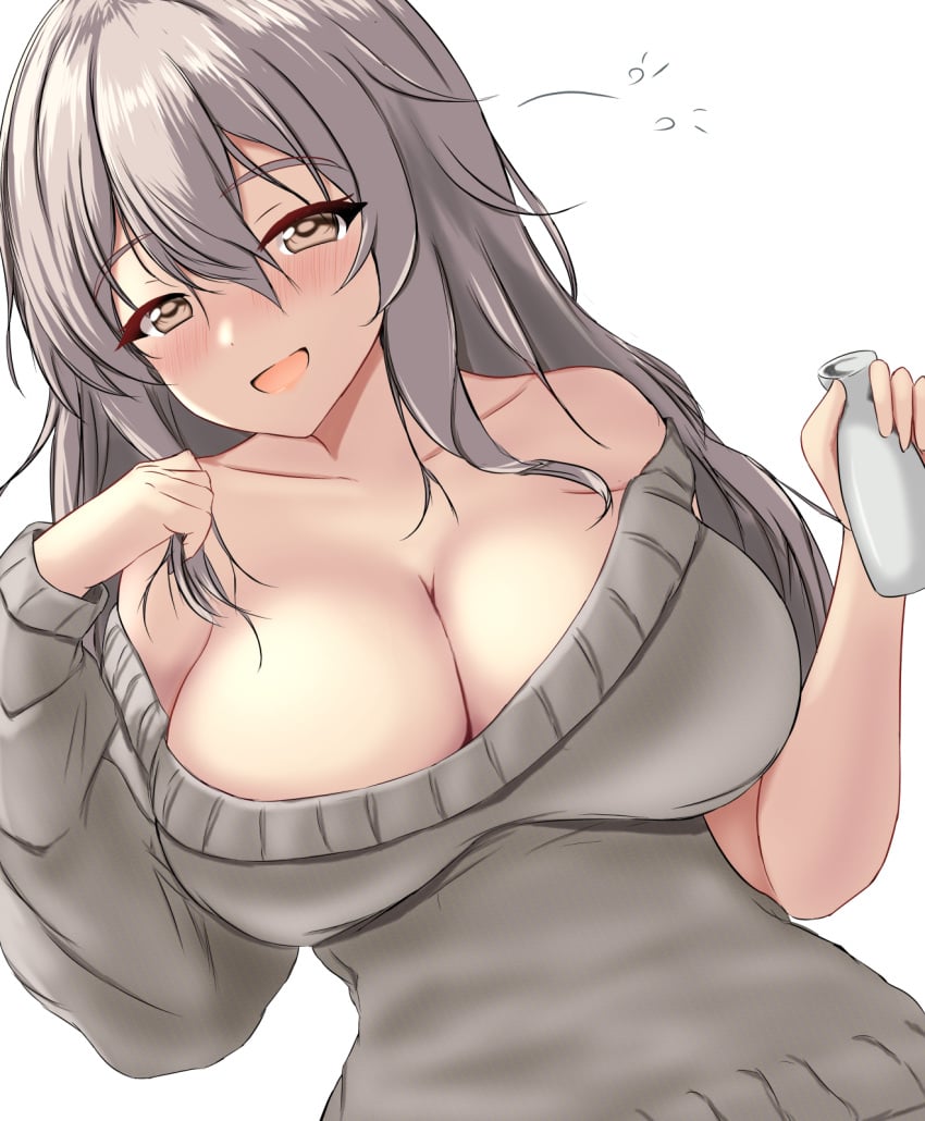 1girls alcohol blush breasts brown_eyes brown_sweater cleavage grey_hair hair_between_eyes highres kantai_collection large_breasts long_hair long_sleeves montemasa no_bra no_bra_under_clothes official_alternate_costume open_mouth pola_(kantai_collection) sake simple_background smile solo solo_female solo_focus sweater tokkuri upper_body wavy_hair white_background