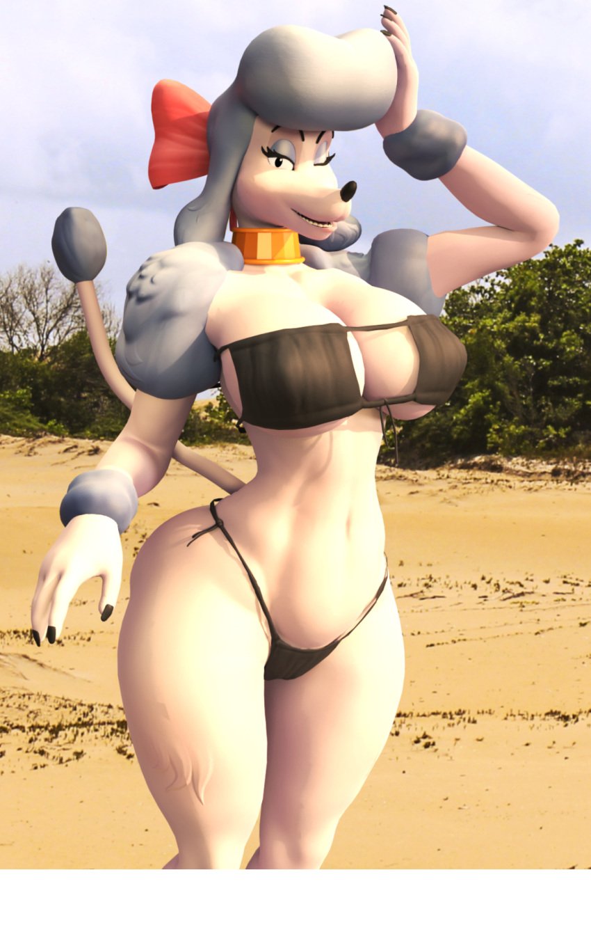 1girl 1girls 2024 2024s 3d 3d_(artwork) anthro beach big_breasts bikini blue_fur blue_hair breasts canine carbiid3 collar disney female female_focus female_only fur furry furry_female georgette georgette_(disney) georgette_(oliver_and_company) gold_(metal) gold_collar huge_breasts jewelry large_breasts looking_at_viewer necklace oliver_and_company one_eye_closed poodle sand standing tail thick_thighs thighs tree white_body wide_hips