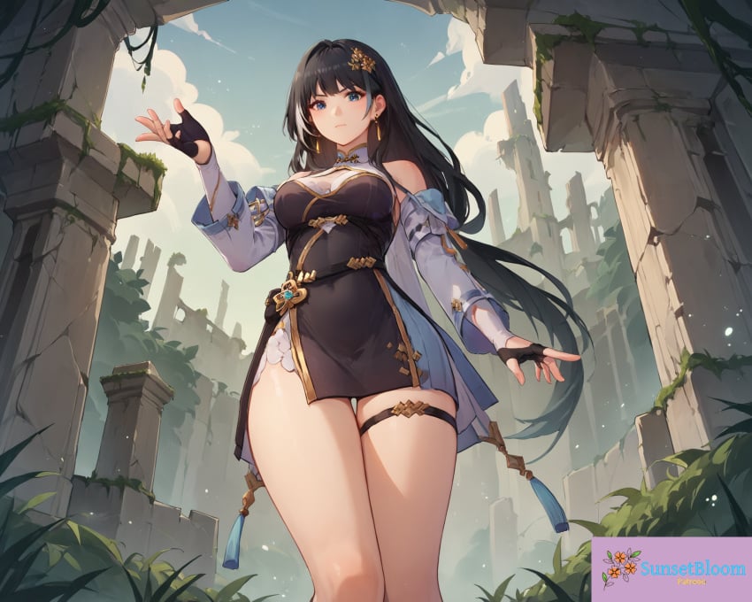 ai_background ai_generated ai_generated_background ai_upscaled baizhi_(wuthering_waves) black_hair blue_eyes female legs outfit pale_skin ruins solo_female sunsetbloom wuthering_waves