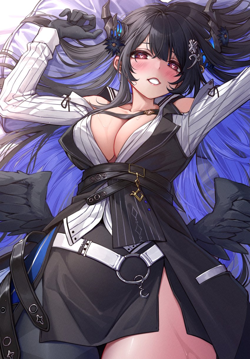 1girls asymmetrical_horns black_hair blue_hair blush breasts cleavage colored_inner_hair curry_bowl demon_horns demon_wings heart-shaped_pupils hololive hololive_english hololive_english_-advent- large_breasts long_hair looking_at_viewer lying mole mole_under_eye nerissa_ravencroft on_back red_eyes smile solo thighs virtual_youtuber