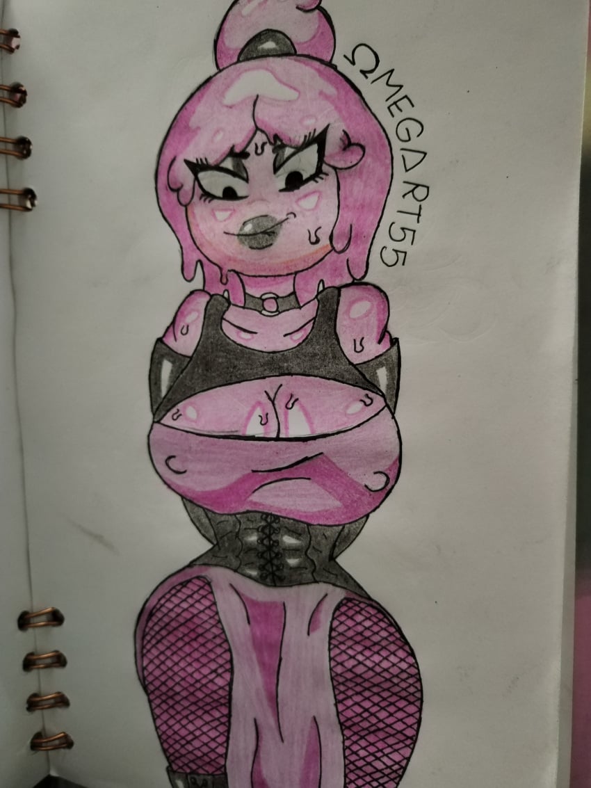 adventure_time big_ass big_breasts big_butt black_eyes black_lipstick candy_girl cartoon_network fishnets goth goth_girl gothic handdrawn omegart55 only_female pink_body pink_hair pink_skin princess princess_bubblegum