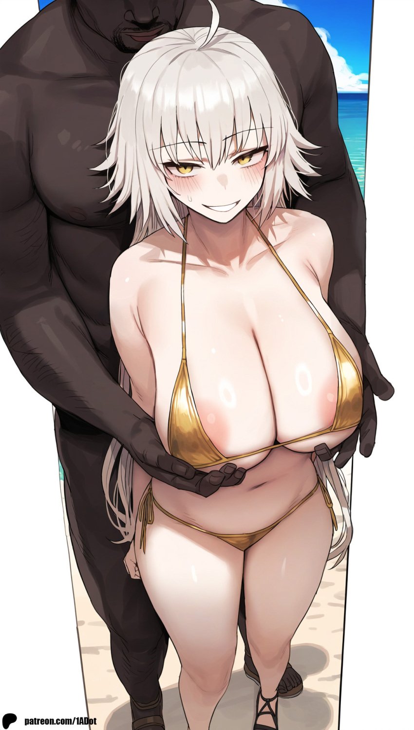 1-a_dot 1boy 1girls ai_generated beach bikini breast_grab breasts dark-skinned_male dark_skin fate/grand_order fate_(series) female interracial jeanne_alter jeanne_d&#039;arc_(alter)_(fate) male pale-skinned_female pale_skin pointy_chin white_hair