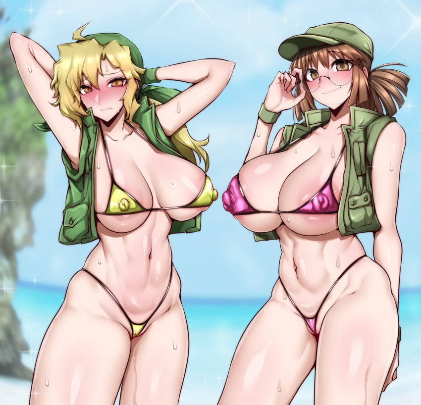 2girls absurdres areola_slip bandana baseball_cap bikini blonde_hair blush breasts brown_eyes brown_hair cleavage covered_erect_nipples eri_kasamoto fio_germi gggg glasses green_bandana hat highres large_areolae large_breasts long_hair looking_at_viewer metal_slug midriff multiple_girls navel open_clothes open_vest ponytail round_eyewear shiny_skin smile snk sweat swimsuit