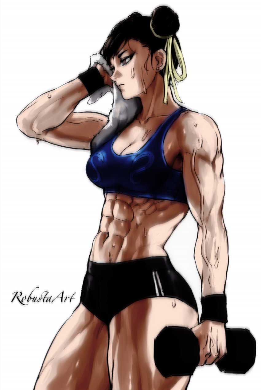 1girls abs ajaycolor athletic_female big_ass big_breasts chun-li cleavage clothed color color_edit colored colored_hair colored_inner_hair colored_sketch colored_skin edit exercise female female_only muscular_female robustaart street_fighter street_fighter_6 sweat sweating sweaty thick_thighs weightlifting weights wiping_sweat working_out workout_clothes